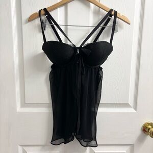 Victoria’s Secret Lace Babydoll Lingerie Top 36C Black Sheer
